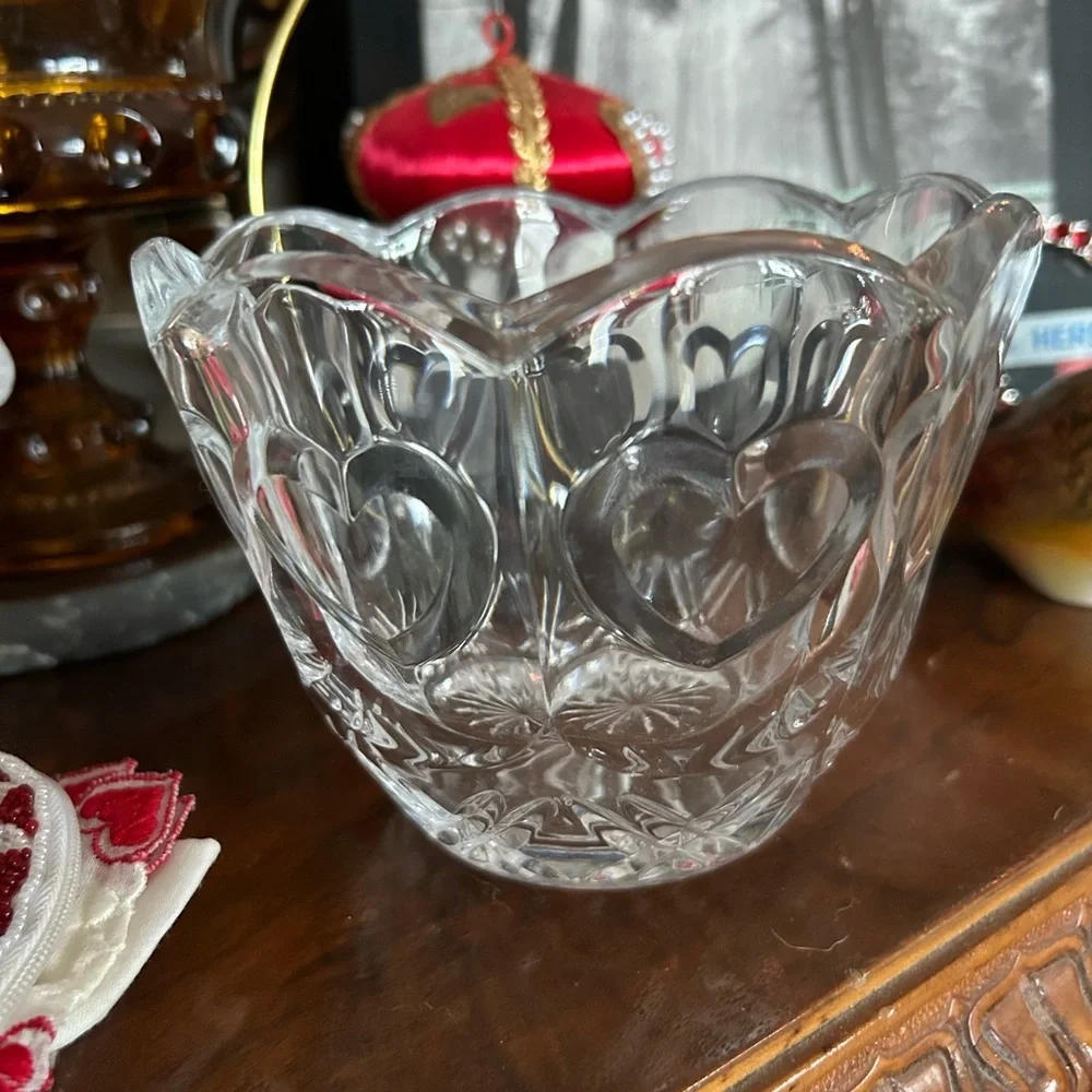 Vintage Crystal Heart Bowl With Scalloped Rim and Hearts Design